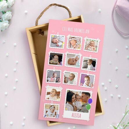 Cutie de cadou din lemn personalizată cu 13 poze și text - Aniversarea primului an