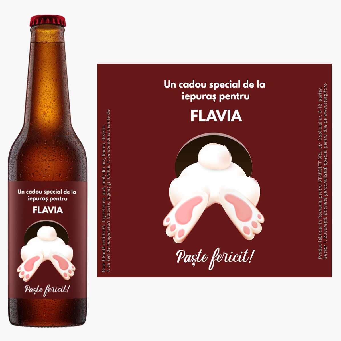 Bere personalizată cu mesaj - De la iepuraș