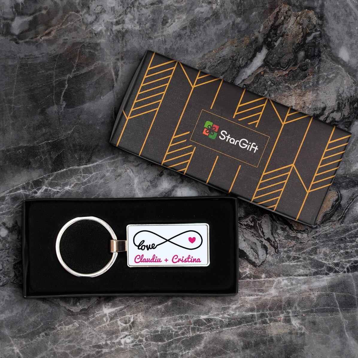 Breloc personalizat cu o poză și text - model infinity love