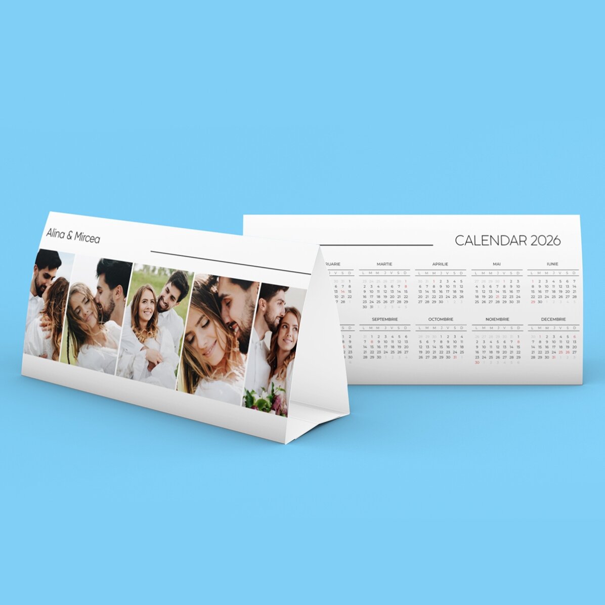 Calendar de birou 2026 personalizat cu 5 poze și text