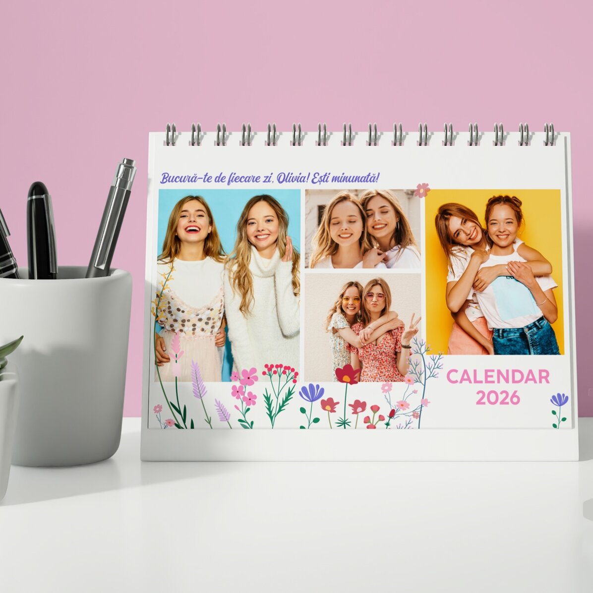Calendar de birou personalizat cu fotografii și text - Floral
