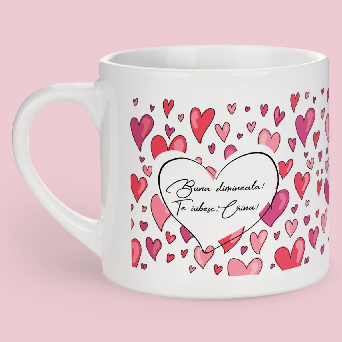 Cană espresso inimioare cu poză și text