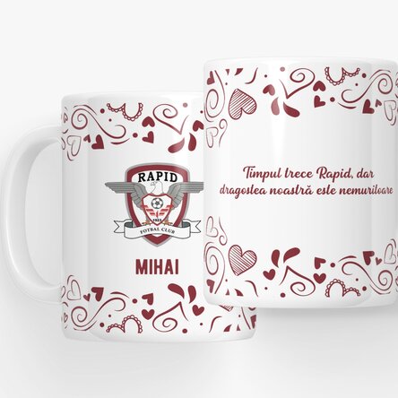 Cană FC Rapid personalizată cu text - Inimi vișinii