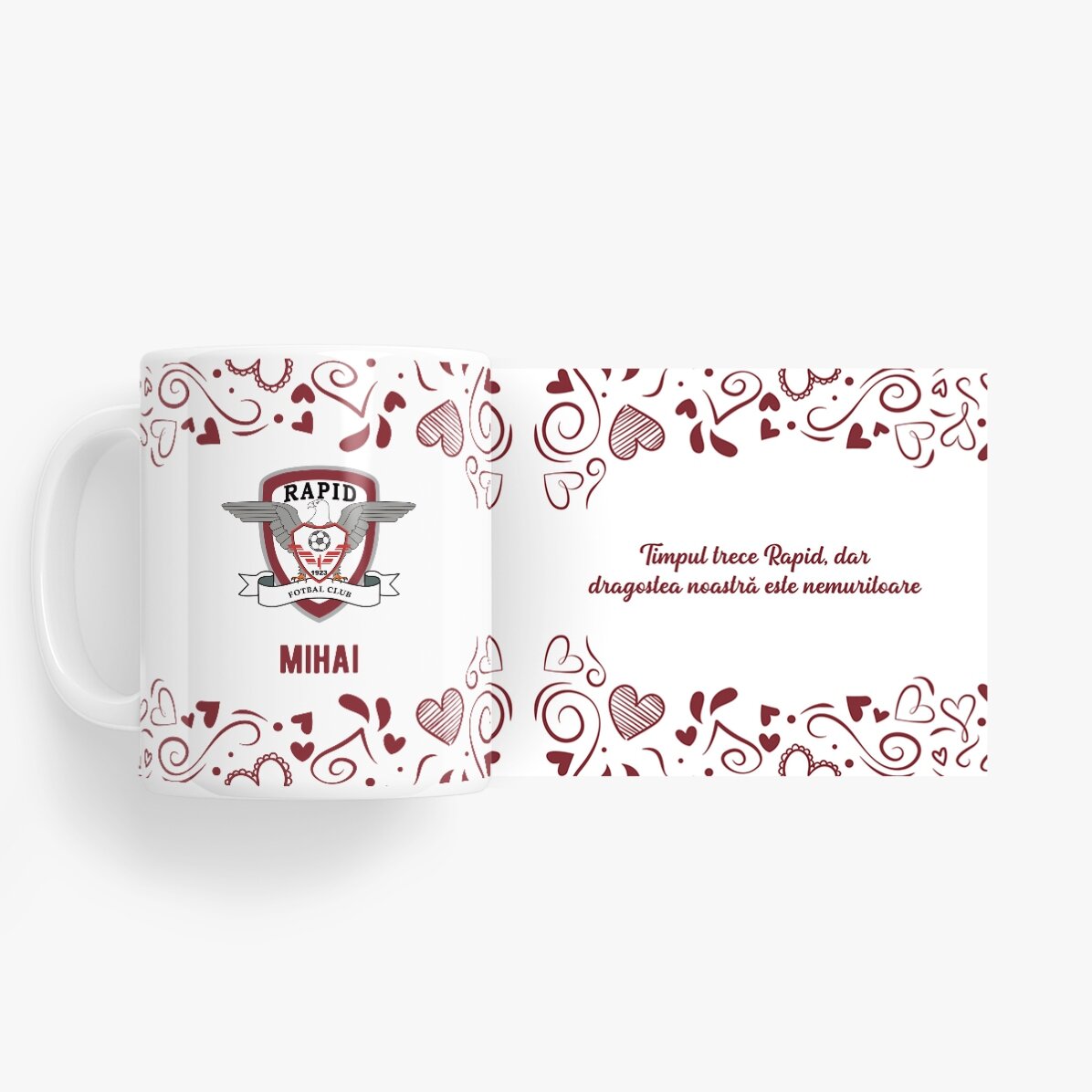 Cană FC Rapid personalizată cu text - Inimi vișinii