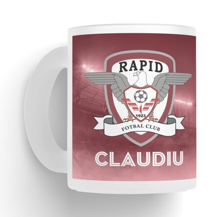 Cană sticlă mată FC Rapid personalizată cu poză și text - Suntem peste tot acasă 