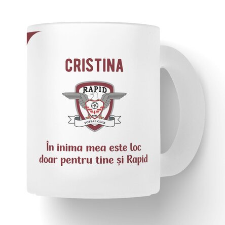 Cană sticlă mată FC Rapid personalizată cu text - Love Mosaic