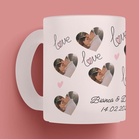 Cană sticlă mată personalizată cu 11 poze și text - Love
