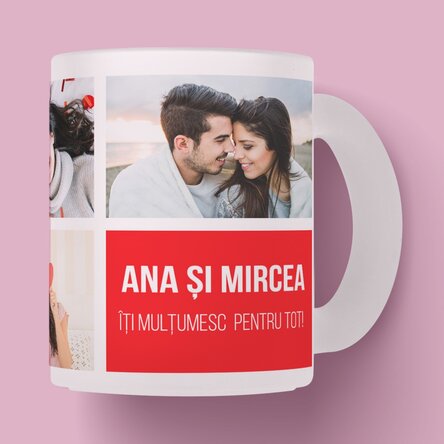 Cană sticlă mată personalizată cu 5 poze și text 