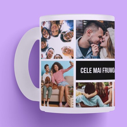 Cană sticlă mată personalizată cu 8 poze și text - Cele mai frumoase amintiri