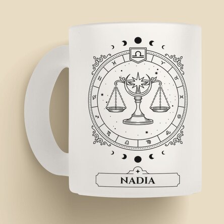 Cană sticlă mată personalizată cu nume și zodie - Balanță