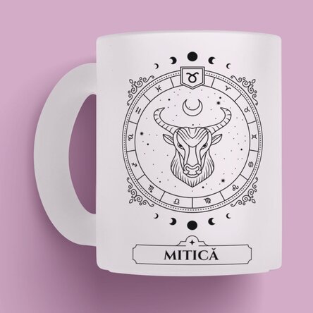 Cană sticlă mată personalizată cu nume și zodie - Taur