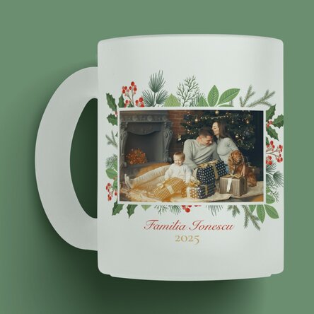 Cană sticlă mată personalizată cu o poză și text - Crăciun Fericit! 