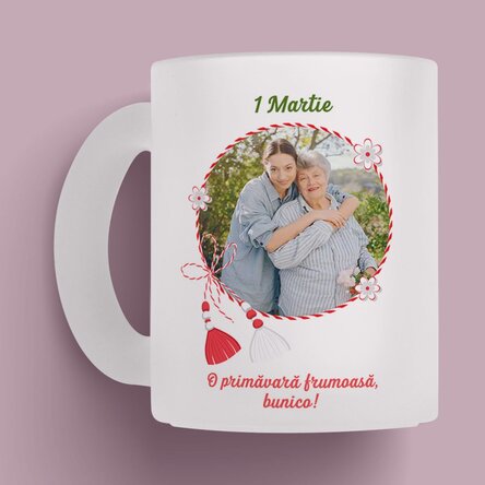 Cană sticlă mată personalizată cu o poză și text - Mărțișor