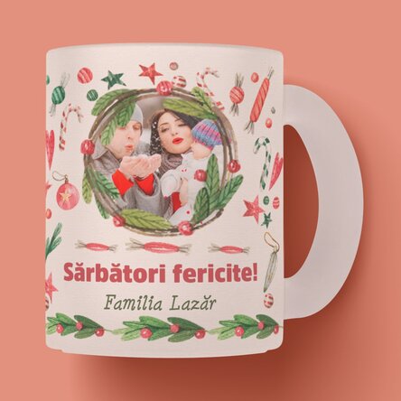 Cană sticlă mată personalizată cu o poză și text - model de Crăciun