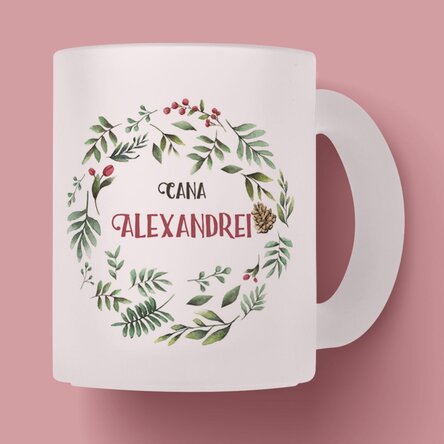 Cană sticlă mată personalizată cu pasăre pentru ea - model de Crăciun