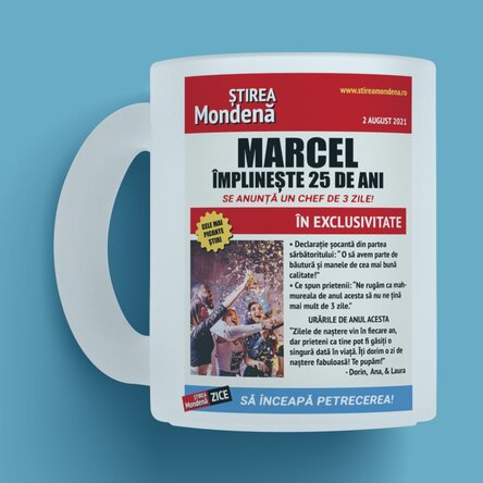 Cană sticlă mată personalizată cu poză și text - Știri mondene 