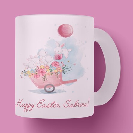 Cană sticlă mată personalizată cu text - Iepurașii veseli 