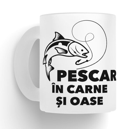 Cană sticlă mată personalizată cu text - Pescar în carne și oase