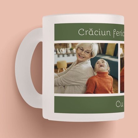 Cană sticlă mată personalizată cu text și 3 poze - Crăciun fericit!