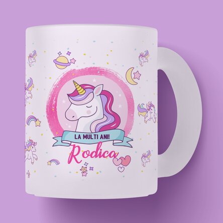 Cană sticlă mată personalizată cu text - Unicorni 