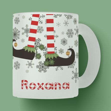 Cană sticlă mată personalizată Elf cu text - model de Crăciun 