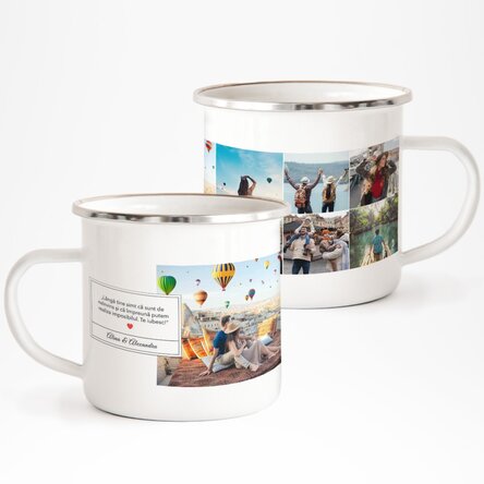Cană metalică emailată cu 6 poze și mesaj
