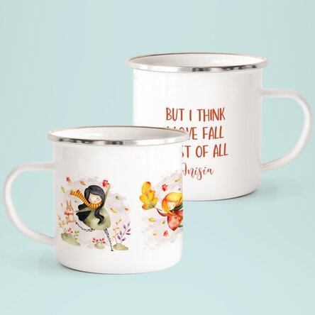 Cană metalică emailată cu mesaj - I love fall most of all