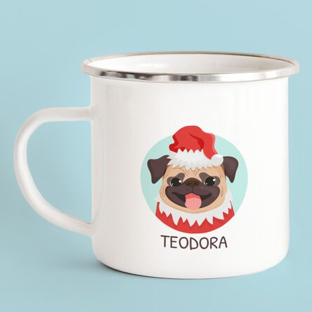 Cană metalică emailată cu nume - Cățeluși de Crăciun
