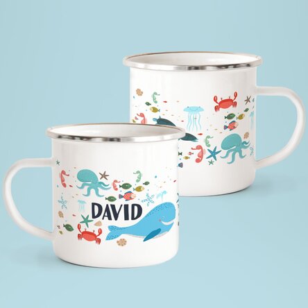 Cană metalică emailată cu nume pentru copii - Sea friends