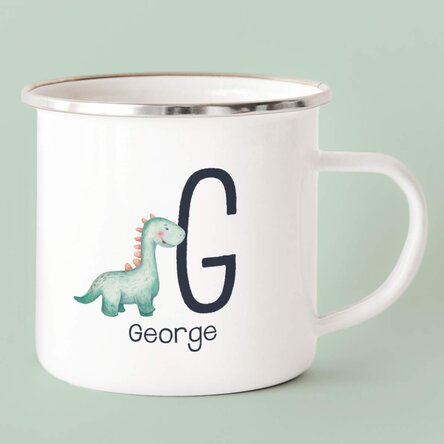 Cană metalică emailată cu nume și inițială pentru copii - Dinosaur