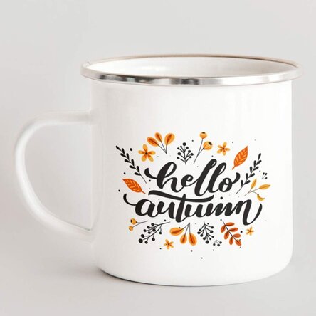 Cană metalică emailată cu text - hello autumn