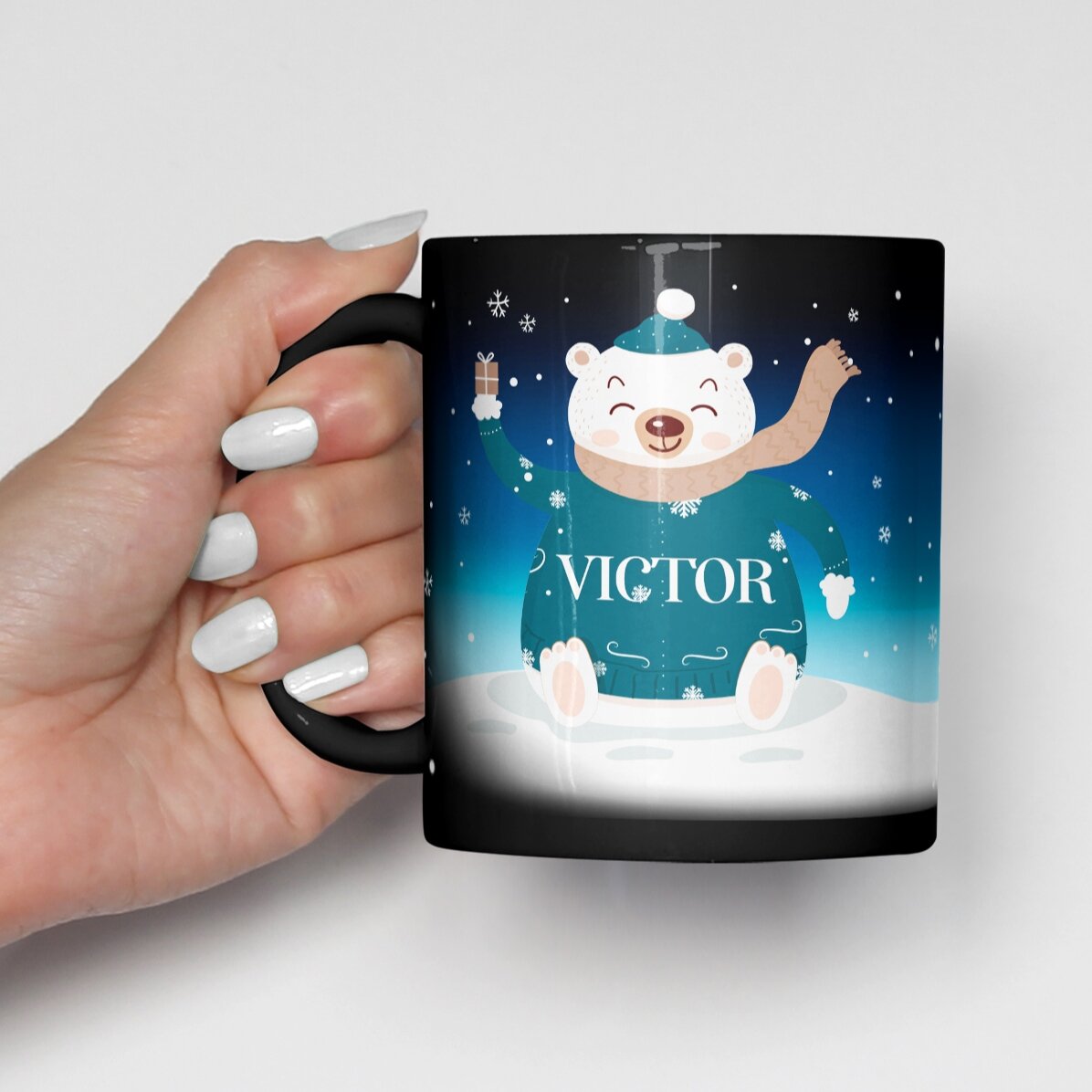 Cană neagră personalizată cu numele tău și text - Happy Bear