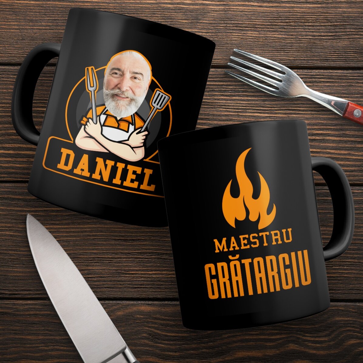 Cană neagră personalizată cu text pentru pasionații de grătar