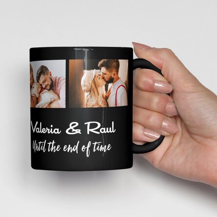 Cană neagră personalizată cu upload de 3 poze și text