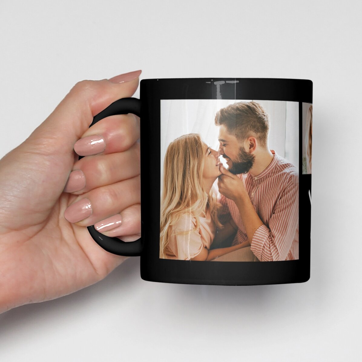 Cană neagră personalizată cu upload de 3 poze și text