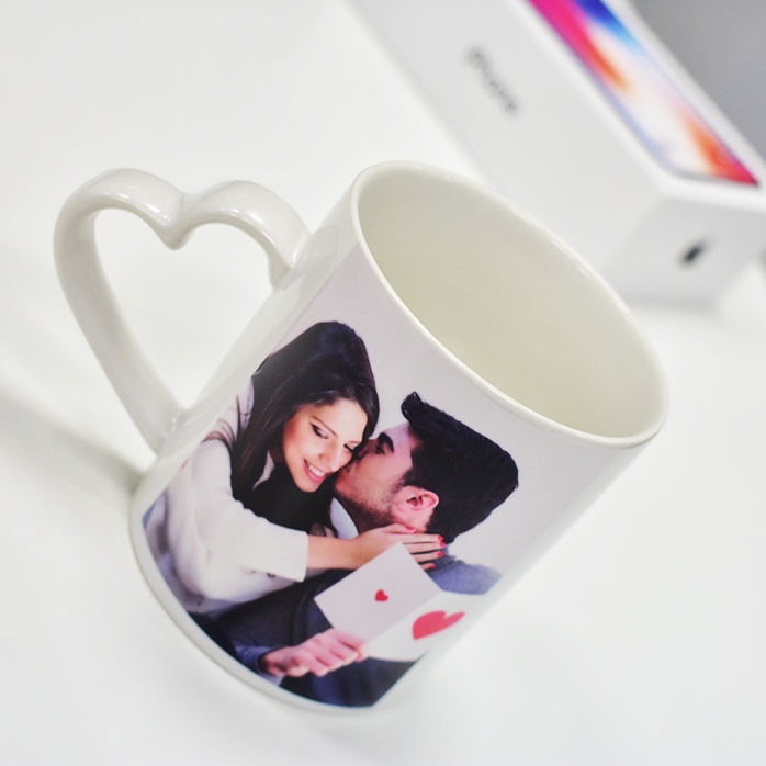 Cană personalizată cu 2 poze  - model toartă în formă de inimă 