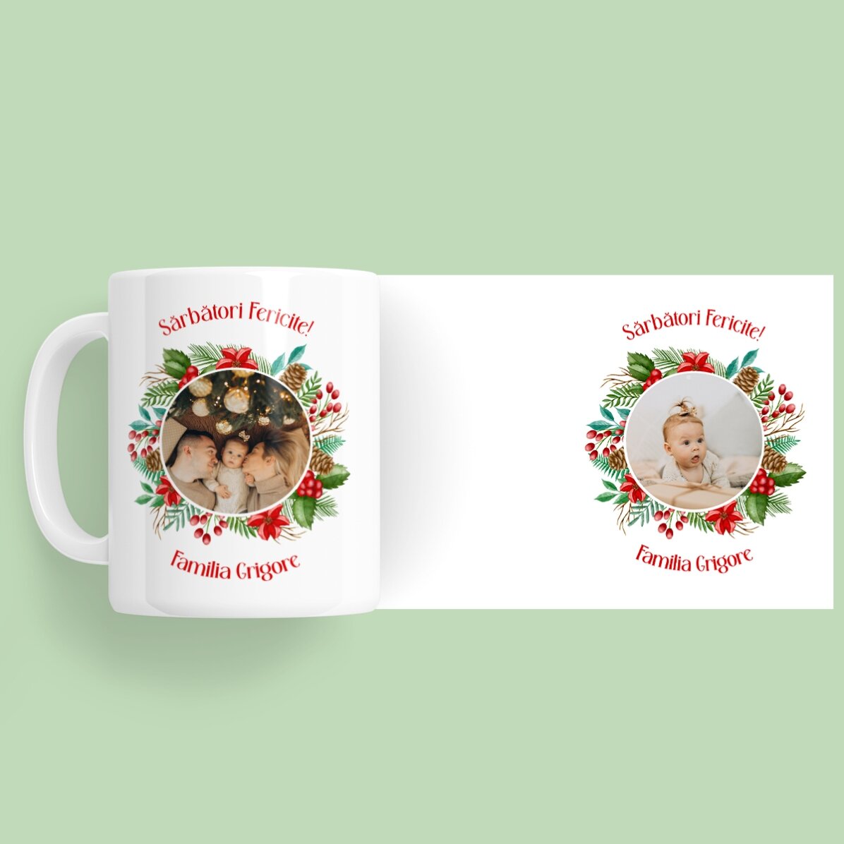 Cană personalizată cu 2 poze și mesaj - Sărbători Fericite!