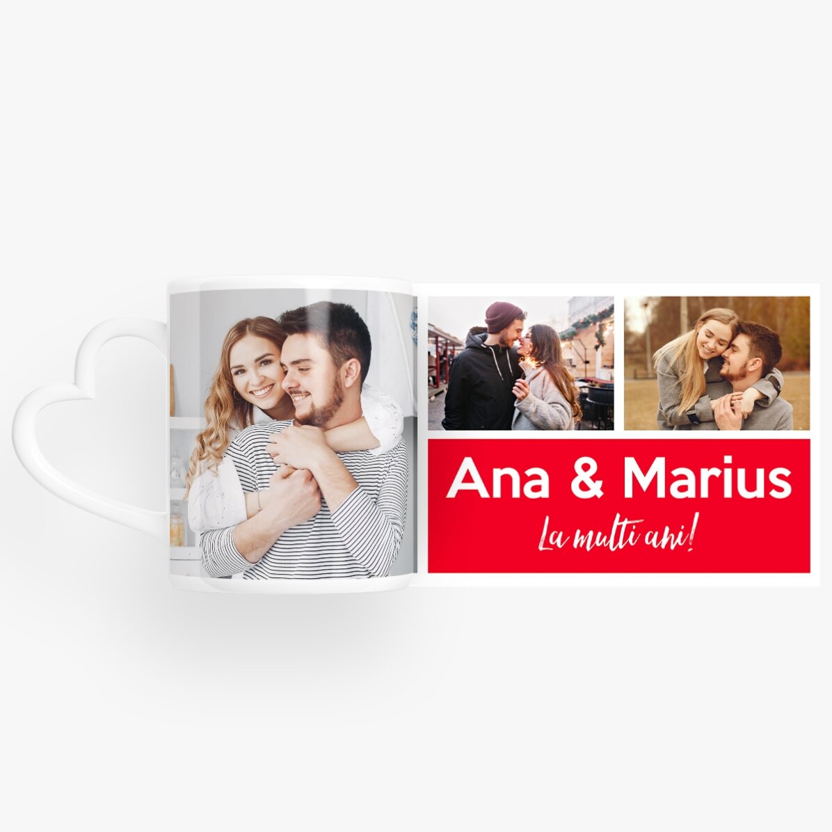 Cană personalizată cu 3 poze și text  - model toartă în formă de inimă 
