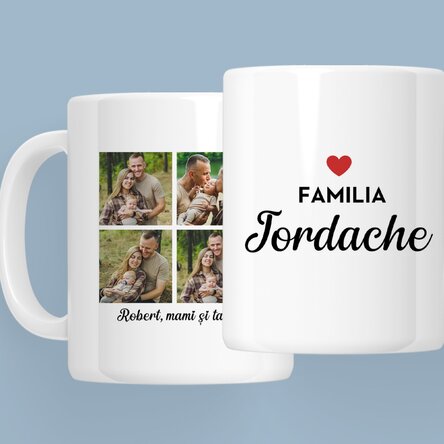 Cană personalizată cu 4 poze și text - Familie