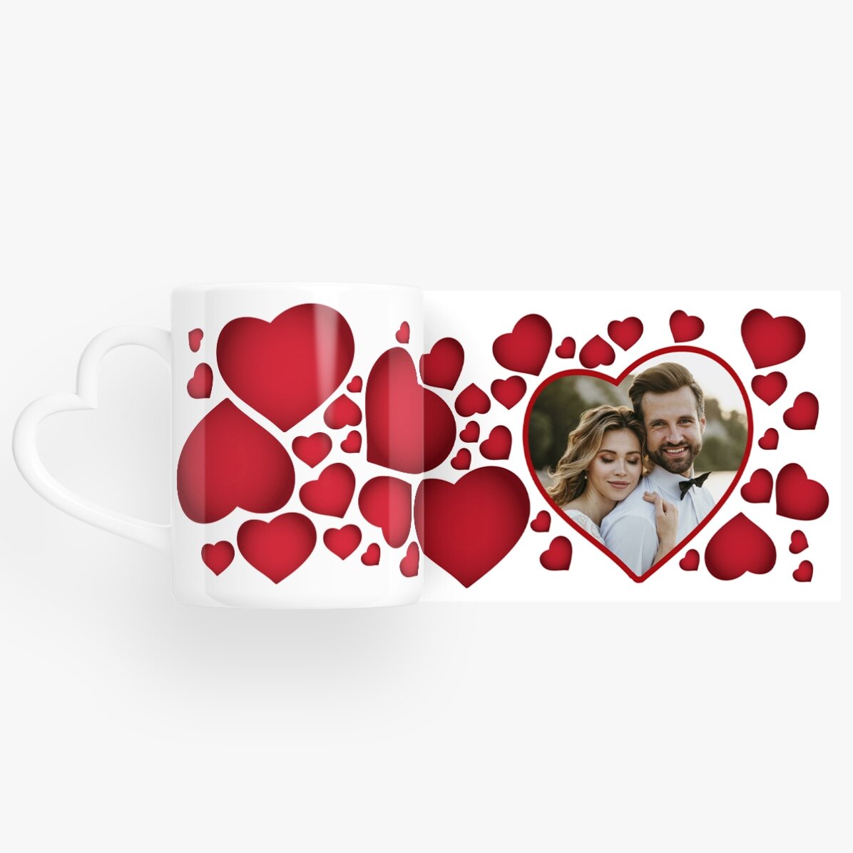 Cană personalizată cu inimioare și o poză  - model toartă în formă de inimă 