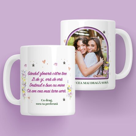 Cană personalizată cu mesaj și poză pentru soră x Flick