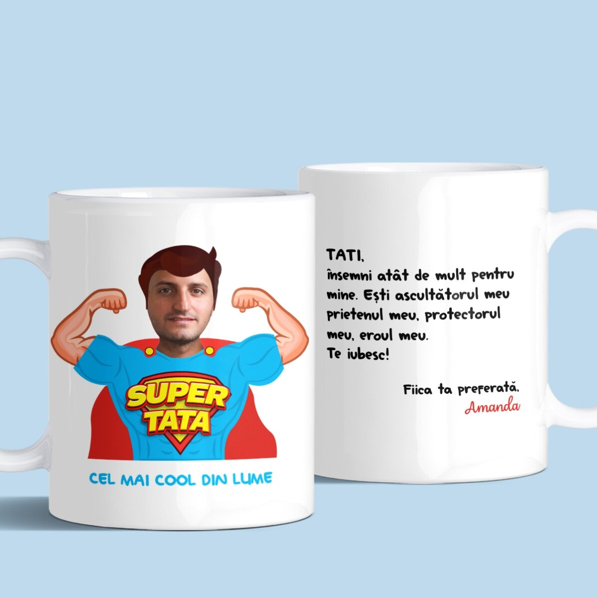 Cană personalizată cu o poză și mesaj - Tata, eroul meu