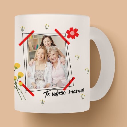 Cană sticlă mată personalizată cu o poză și text - Te iubesc, mama! 