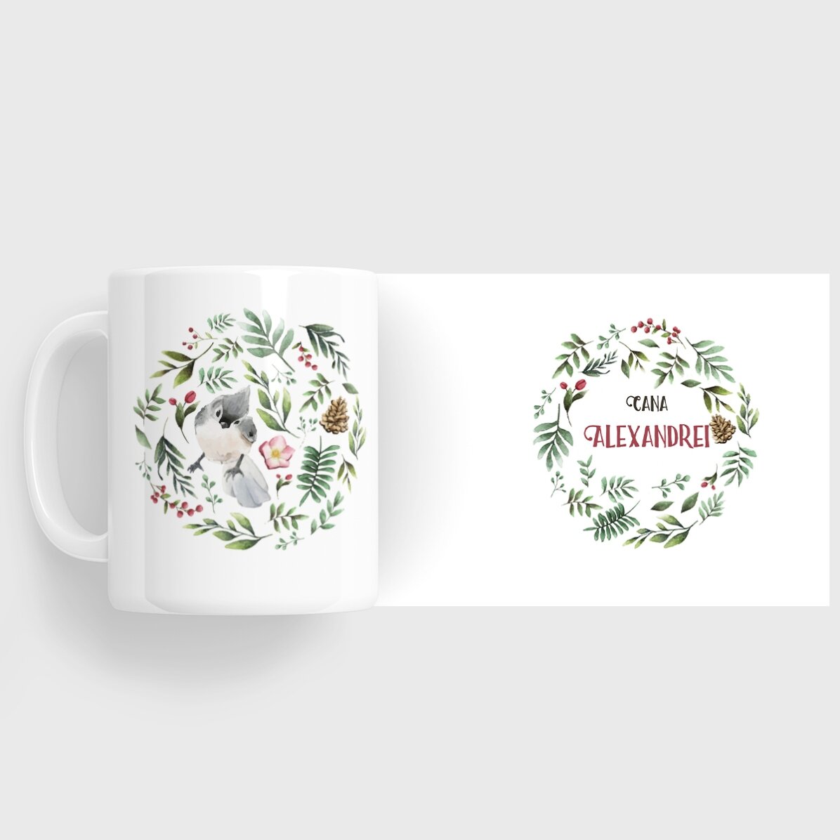 Cană personalizată cu pasăre pentru ea - model de Crăciun