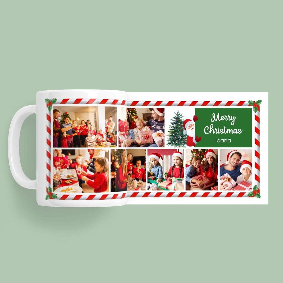 Cană personalizată cu text și 7 poze - Moș Crăciun