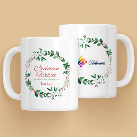 Cană personalizată cu text și logo - Coronițe de Crăciun