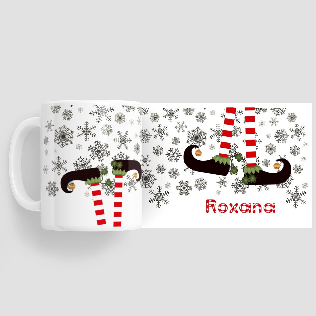 Cană personalizată Elf cu text - model de Crăciun