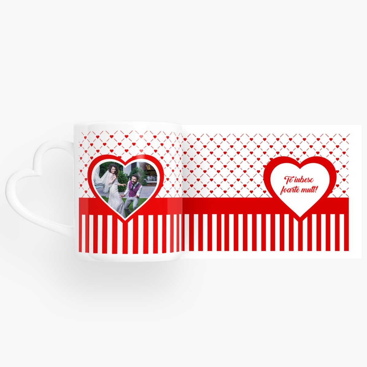 Cană personalizată #love cu o poză și text - model toartă în formă de inimă 