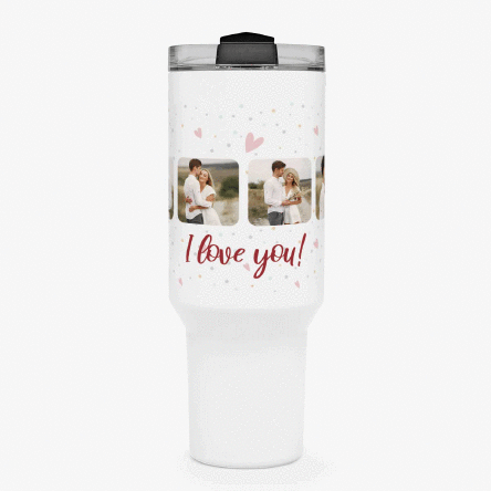 Cană termos cu mâner și pai personalizată cu 6 poze și text - Celebrate love