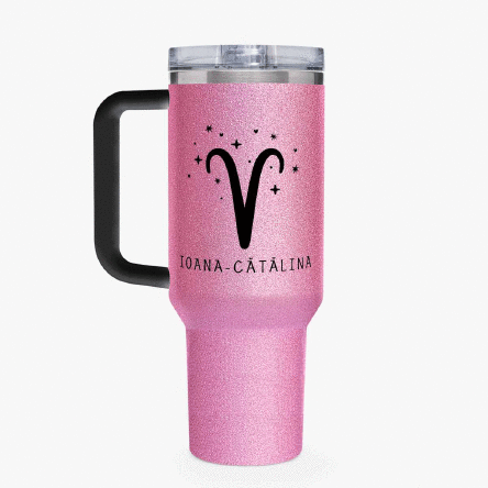 Cană termos cu mâner și pai personalizată cu mesaj - Zodie